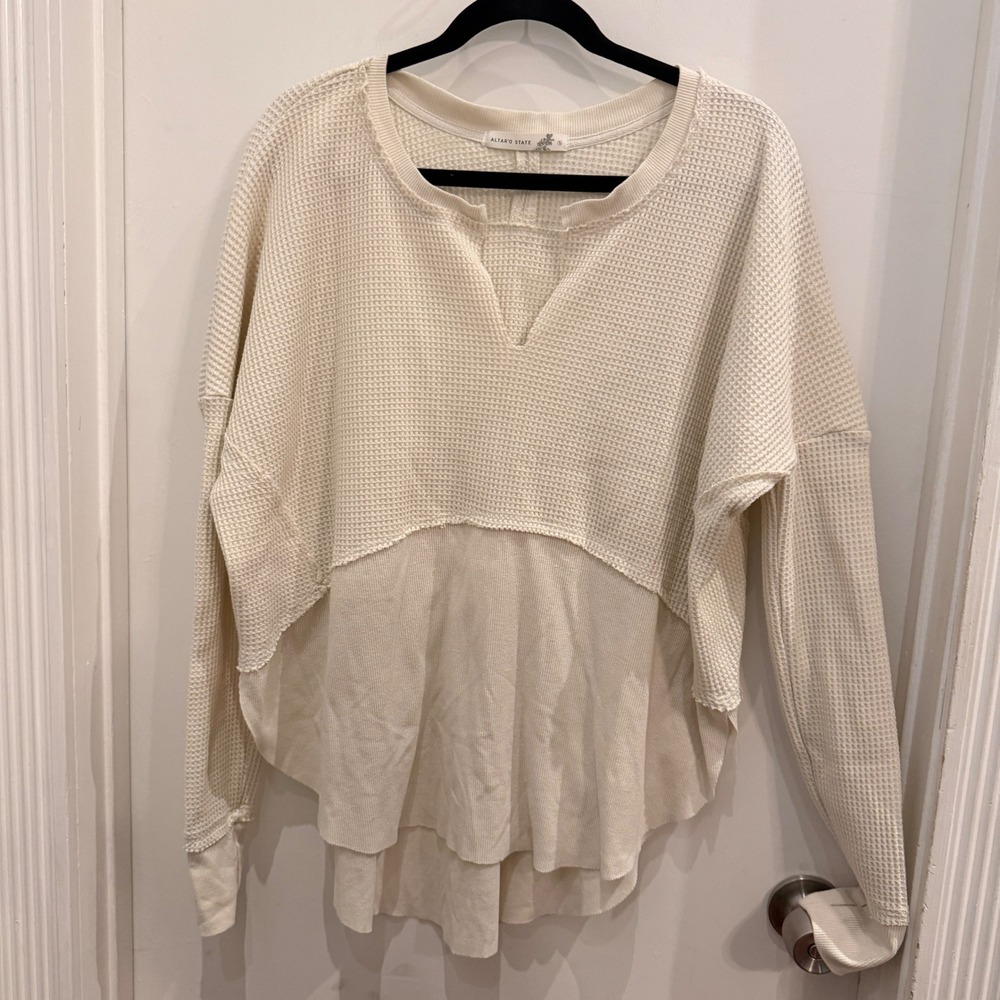 Altar'd‎ State Waffle Knit Notch Neck Top Small Cream Boho Cottagecore